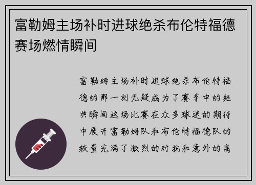 富勒姆主场补时进球绝杀布伦特福德赛场燃情瞬间 富勒姆主场补时进球绝杀布伦特福德赛场燃情瞬间